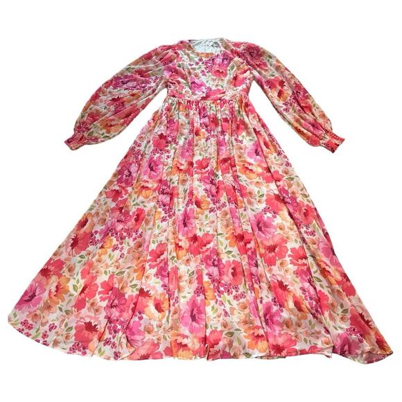 Aura Covered in Sunshine Floral Maxi Dress Pink Puff Sleeve Party Size Medium - Picture 3 of 10